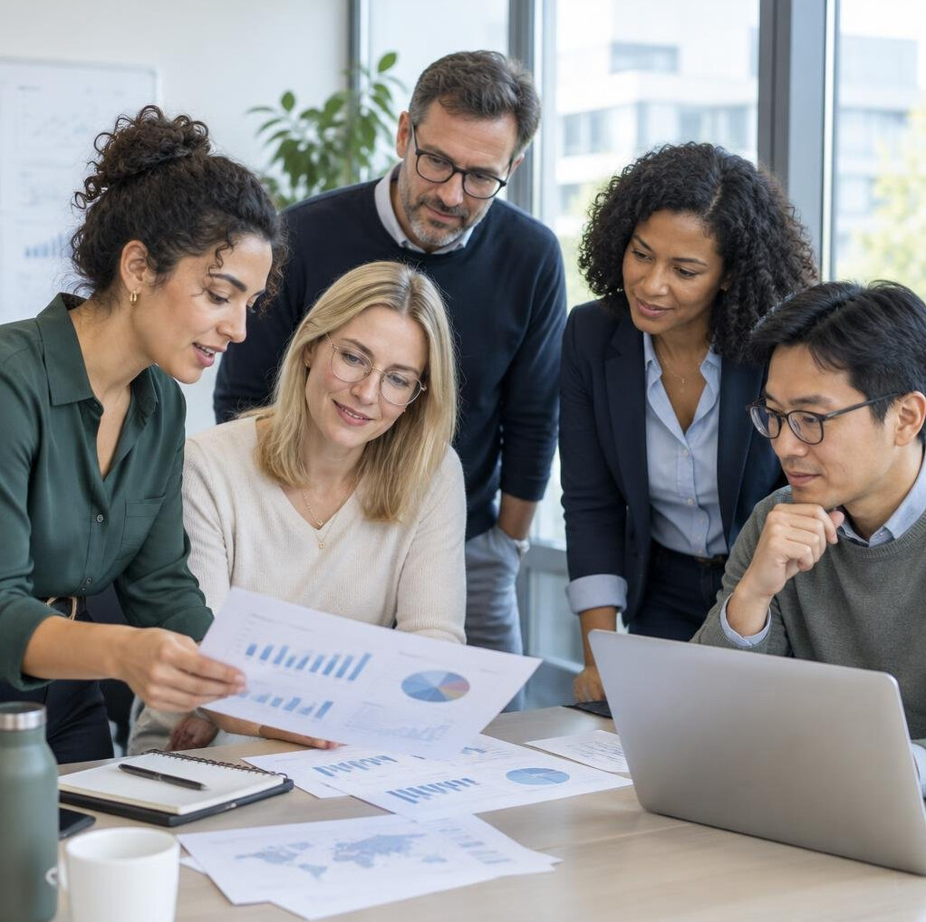 Research team of the institute reviewing survey data together in a bright office